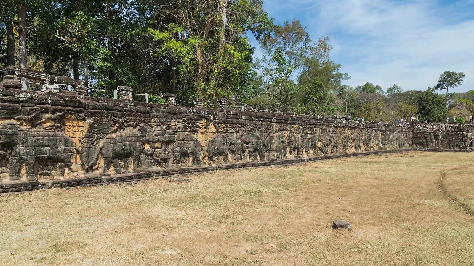 Stone elephant carvings line the ancient Terrace of the Elephants at Angkor Thom in Siem Reap.