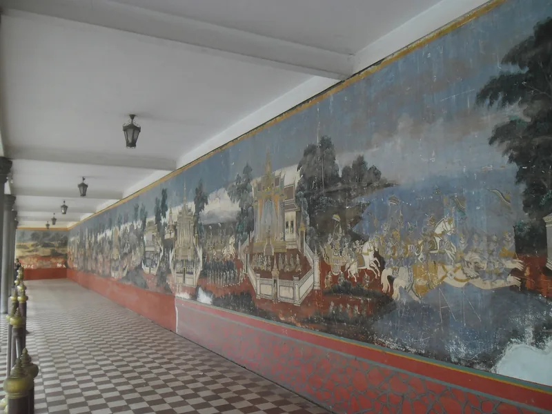 A long mural depicting the Reamker epic lines the covered gallery walls at the Silver Pagoda in Phnom Penh.